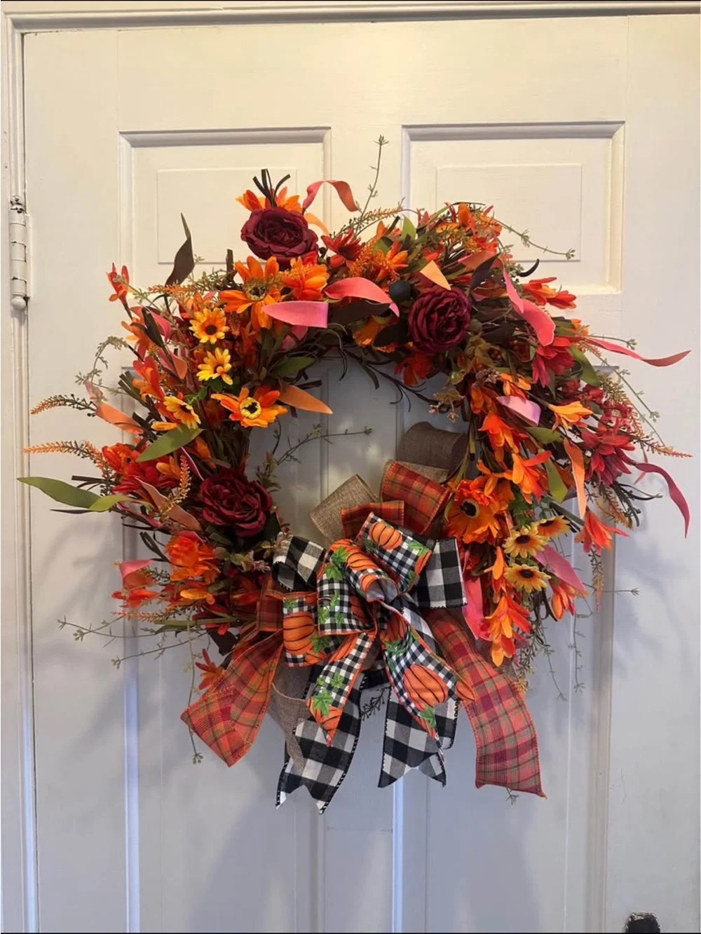 Fall Orange and Burgundy Holiday Wreath with Plaid Bow